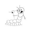 Funny cartoon caterpillar holding candy in his hand. Black and white coloring Royalty Free Stock Photo