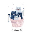 Funny cartoon cats in the basket. Hello spring March 8 card