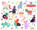 Funny cartoon cats. Kitty mermaid, unicorn, superhero, astronaut and alien characters, colorful cute fairy cats isolated Royalty Free Stock Photo