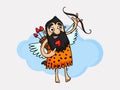 Funny cartoon of a caveman with bow and arrow.