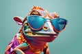 Funny cartoon chameleon wearing sunglasses and posing on colorful background Royalty Free Stock Photo