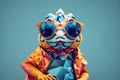 Funny cartoon chameleon wearing sunglasses and posing on colorful background Royalty Free Stock Photo