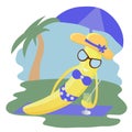 Funny cartoon character.  Banana resting, sunbathing, lying under a palm tree, in a swimsuit and sunglasses. Royalty Free Stock Photo