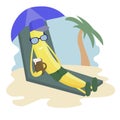 Funny cartoon character.  Banana resting, sunbathing, lying under a palm tree, in a swimsuit and sunglasses. Royalty Free Stock Photo