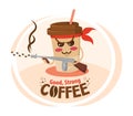 Funny cartoon character coffee cup holding a machine gun. Strong coffee concept