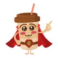 Funny cartoon character coffee superhero pointing the way. Strong coffee concept