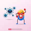 Funny cartoon character of drug capsule superhero fight against outbreak corona viruses. Power of medicine concept to cure disease Royalty Free Stock Photo