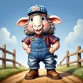 Funny cartoon character farm sheep boots farmer work clothes
