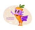 Funny cartoon character fruit carrot in superhero costume at masks emotion points with hand. Vegetable character super hero Royalty Free Stock Photo