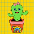 Funny cartoon character. Groovy element funky cactus girl with bow in pot. Vector illustration trendy retro cartoon Royalty Free Stock Photo