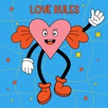 Funny cartoon character. Groovy element funky cute character heart with feet and hands with gloves. Love rules. Vector