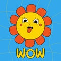 Funny cartoon character. Groovy element funky flower power tongue out. Wow. Vector illustration trendy retro cartoon