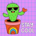 Funny cartoon character. Groovy element funky flowerpot cactus in sunglasses with red heart. Stay cool quote. Vector