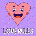 Funny cartoon character. Groovy element funky heart. Love rules. Vector illustration trendy retro cartoon style. Comic