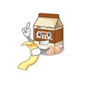 A funny cartoon character of hazelnut milk holding a menu