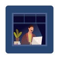 Funny Cartoon Character. Hipster Sitting in the Room and Working with Laptop. Vector. Night owl person flat vector