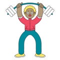 Funny cartoon character man goes in for sports, lifts a barbell. Vector illustration.