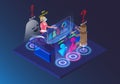 Funny cartoon character meeting online business group. Visual reality technology HUD and VR hologram chat. Isometric hi-tech 3D on