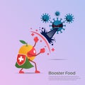 Funny cartoon character of orange superhero fight against outbreak viruses and bacteria. Power of booster food concept to fight