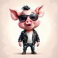 Funny cartoon character pink pig black leather jacket glasses Royalty Free Stock Photo