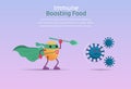 Funny cartoon character of potato superhero fight against outbreak viruses and bacteria. Power of immune boosting food concept to