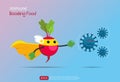 Funny cartoon character of red radish superhero fight against outbreak viruses and bacteria. Power of immune boosting food concept Royalty Free Stock Photo