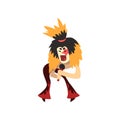 Funny cartoon character of rock singer with crazy hair and make up on face. Man singing into microphone. Musician Royalty Free Stock Photo