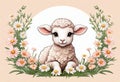 Funny cartoon character. Spring sheep in red and white flowers. Royalty Free Stock Photo