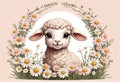 Funny cartoon character. Spring sheep in red and white flowers. Royalty Free Stock Photo