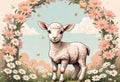 Funny cartoon character. Spring sheep in red and white flowers. Royalty Free Stock Photo