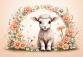 Funny cartoon character. Spring sheep in red and white flowers. Royalty Free Stock Photo