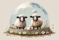 Funny cartoon character. Spring sheep in red and white flowers. Royalty Free Stock Photo