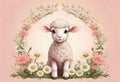 Funny cartoon character. Spring sheep in red and white flowers. Royalty Free Stock Photo