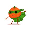 Funny cartoon character of superhero orange with green cape and mask in action