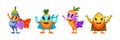 Funny cartoon character vegetable eggplant, pineapple, carrot, lemon in superhero costume at masks emotion points with hand. Royalty Free Stock Photo