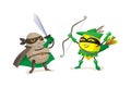 Funny cartoon characters fruits in superhero costumes.