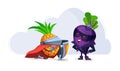 Cartoon characters fruits in superhero costumes lovers cherry and pineapple