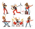 Funny cartoon characters in rock band. Musician in famous pop group. Vector mascot set