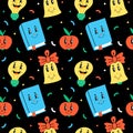 Funny cartoon characters seamless pattern. Hand drawn abstract faces, comic bell and book, apple and light blub. Black background Royalty Free Stock Photo