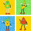 Funny cartoon characters set. Groovy elements funky fruits avocado, pineapple, banana and watermelon and with feet and