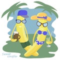 Funny cartoon characters. Sweet couple. Bananas resting at sea. Sunbathe on the beach, drink cocktails and cold beer Royalty Free Stock Photo