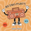 Funny Cartoon characters tape recorder. Poster retro style disco. Royalty Free Stock Photo