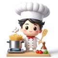 Funny cartoon of chef cooking pasta. World pasta day. AI generated