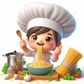 Funny cartoon of chef cooking pasta. World pasta day. AI generated