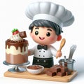 Funny cartoon of chef making delicious cakes. AI generated