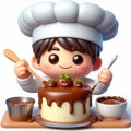 Funny cartoon of chef making delicious cakes. AI generated