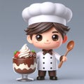 Funny cartoon of chef making delicious cakes. AI generated