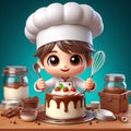 Funny cartoon of chef making delicious cakes. AI generated