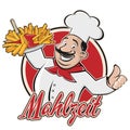 Funny cartoon chef serving french fries with German text meaning enjoy your meal