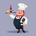 Funny cartoon Chief cook character with delicious wine and cheese